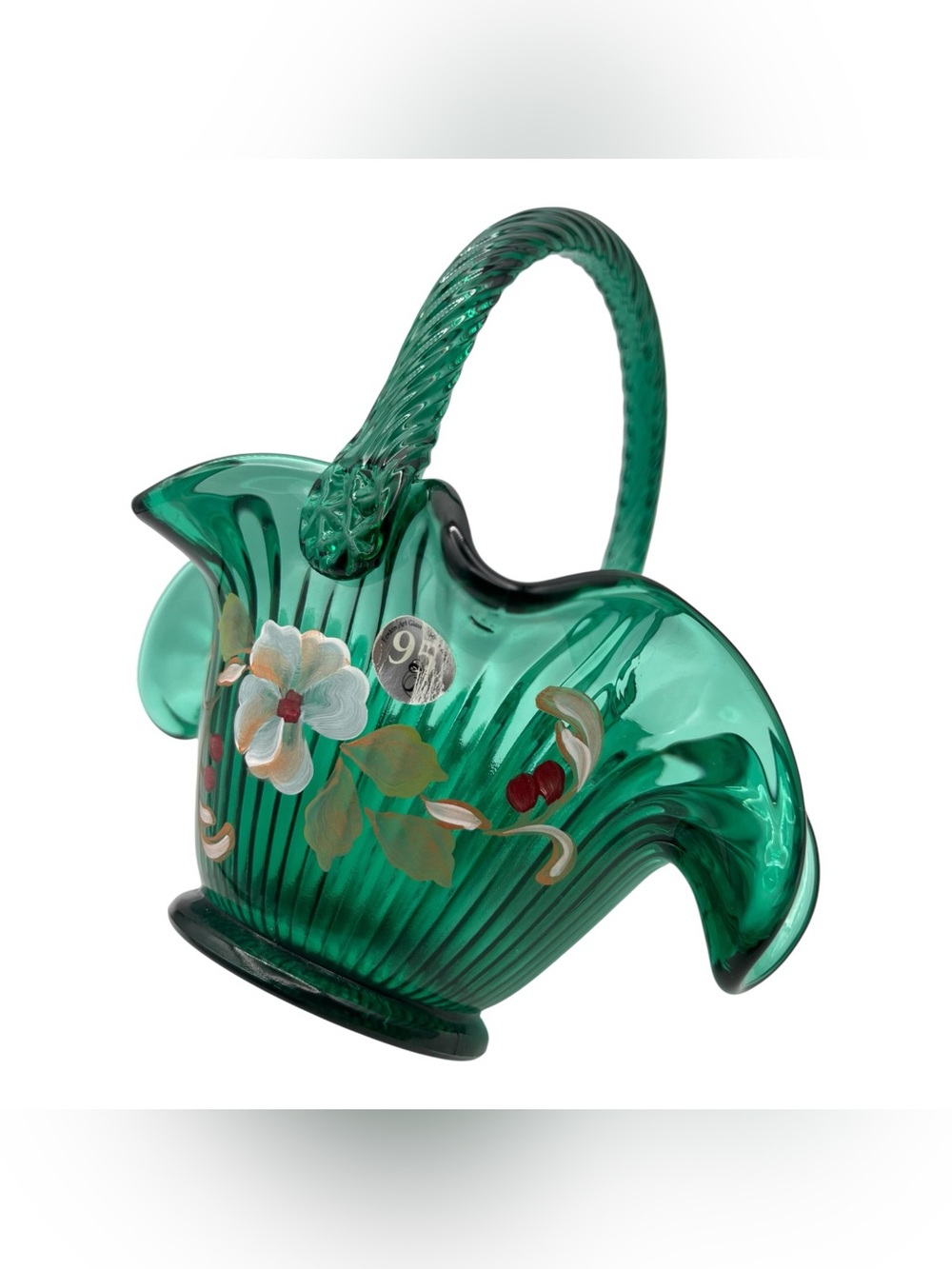 Fenton 95th Anniversary Sticker Painted Signed Teal Green Glass Ruffled Basket